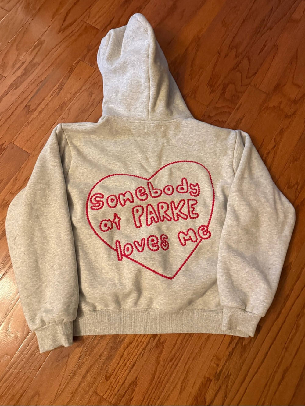 PARKE- Light Gray Hoodie with Red Heart Back Graphic
